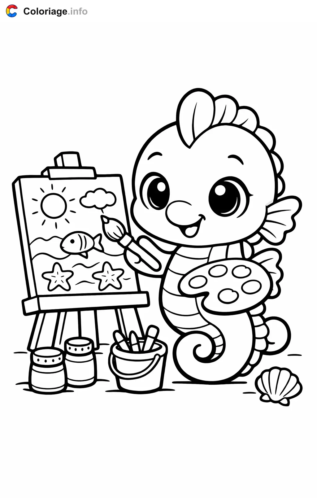 Coloriage Hippocampe qui peint un tableau - Hippocampe à imprimer