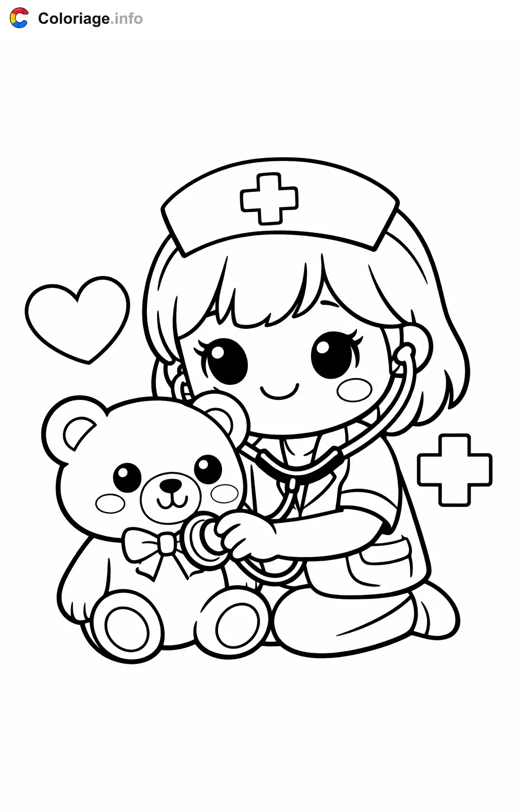 Nurse Listening to a Teddy Bear's Heart coloring page to print