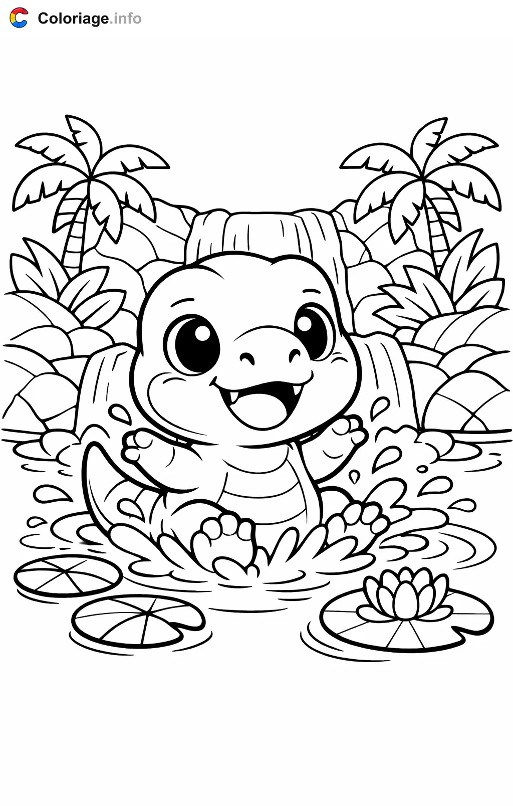 Coloriage Jurassic World qui barbote dans la cascade - Jurassic World à imprimer
