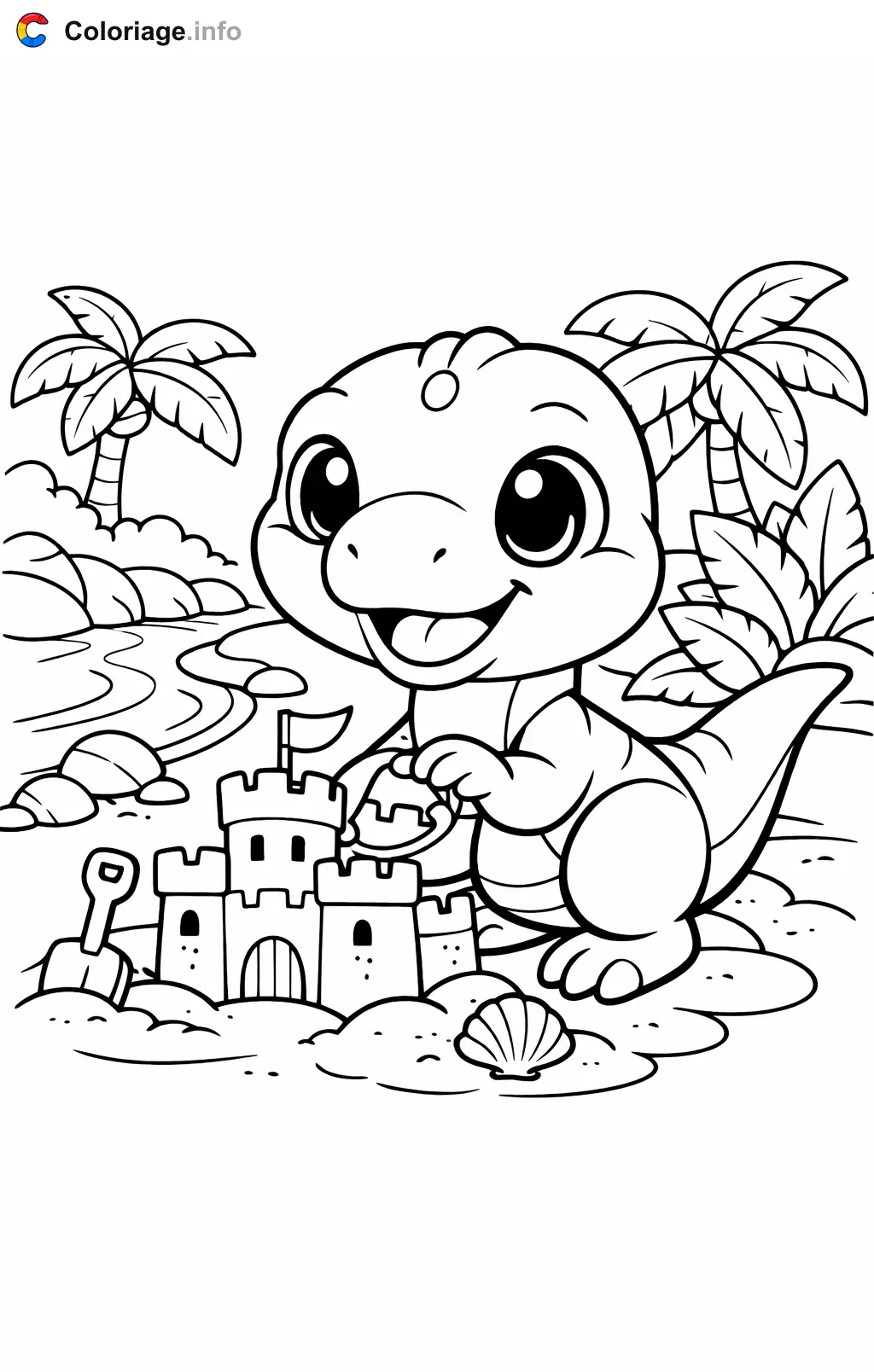 Coloriage Jurassic World qui construit un château de sable - Jurassic World à imprimer