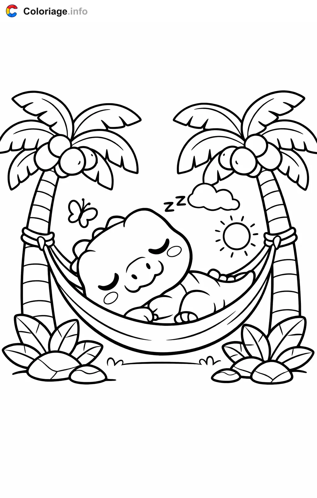 Coloriage Jurassic World qui dort dans un hamac - Jurassic World à imprimer