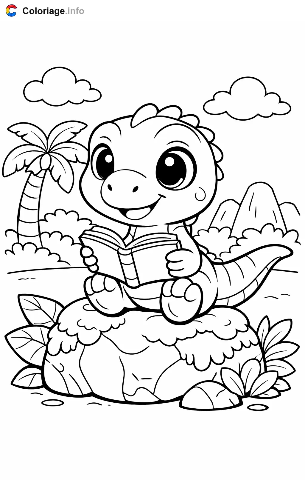 Coloriage Jurassic World qui lit sur un rocher - Jurassic World à imprimer