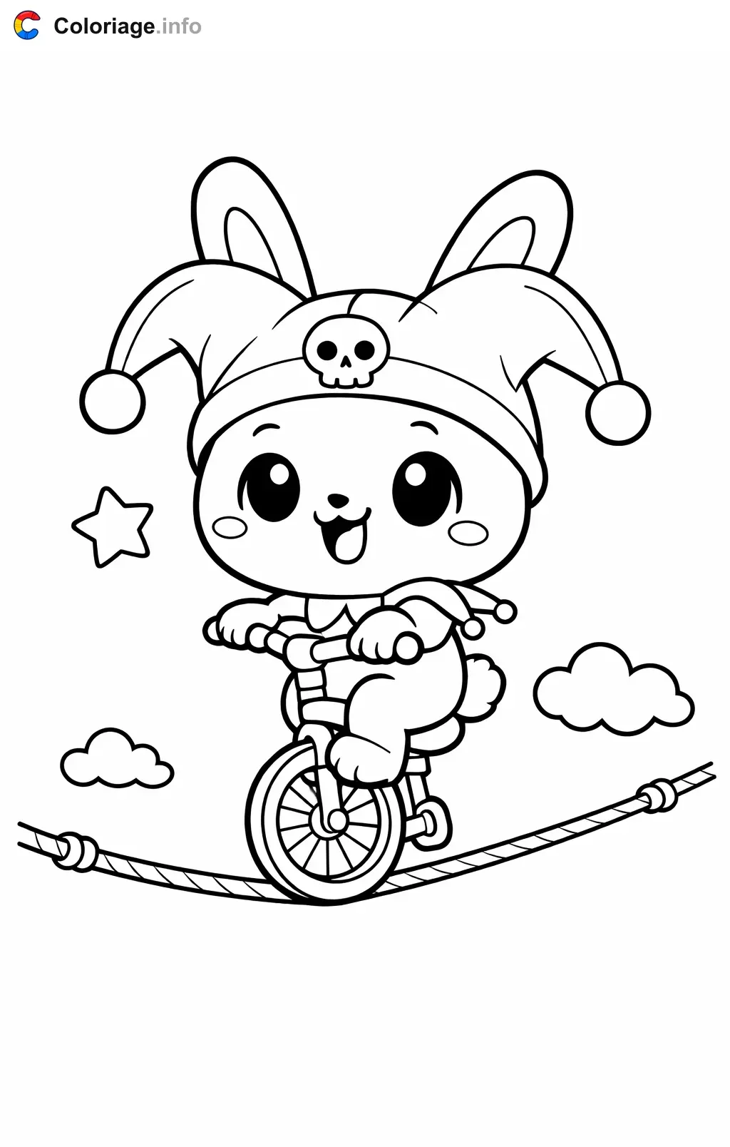 Ausmalbild Kuromi auf dem Einrad über dem Hochseil zum Ausdrucken