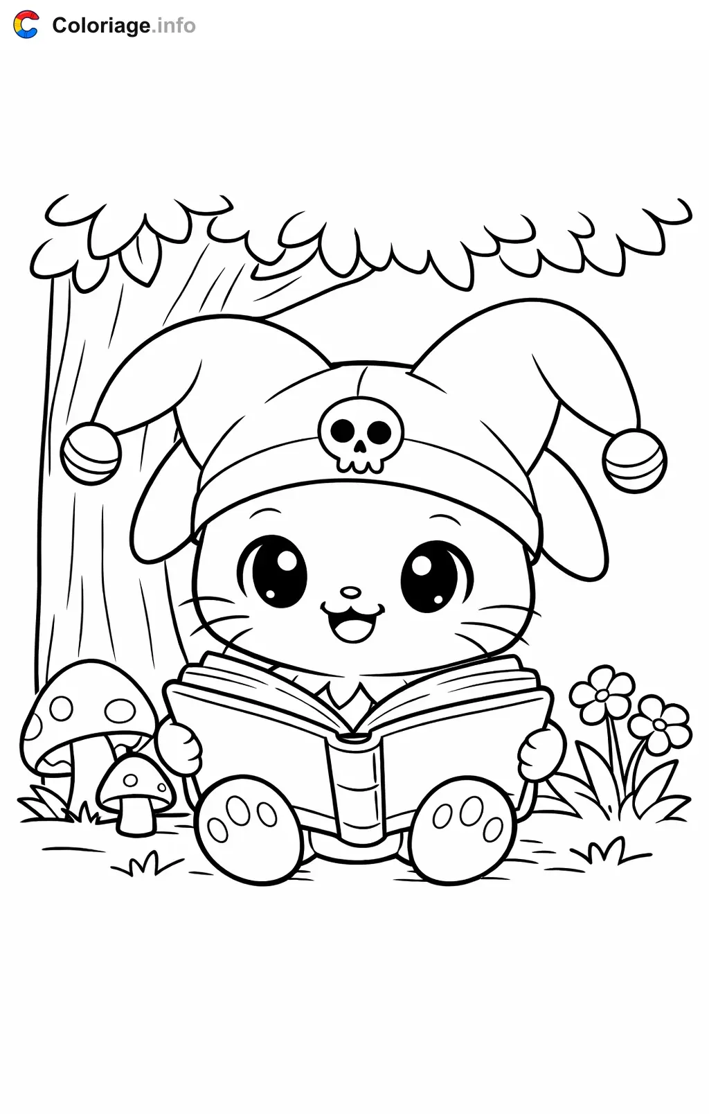 Ausmalbild Kuromi liest unter einem Baum zum Ausdrucken