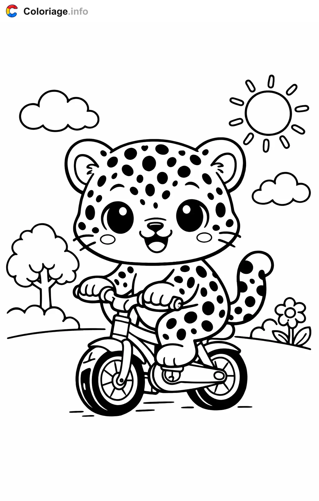 Coloriage Léopard a velo dans le parc - Léopard à imprimer