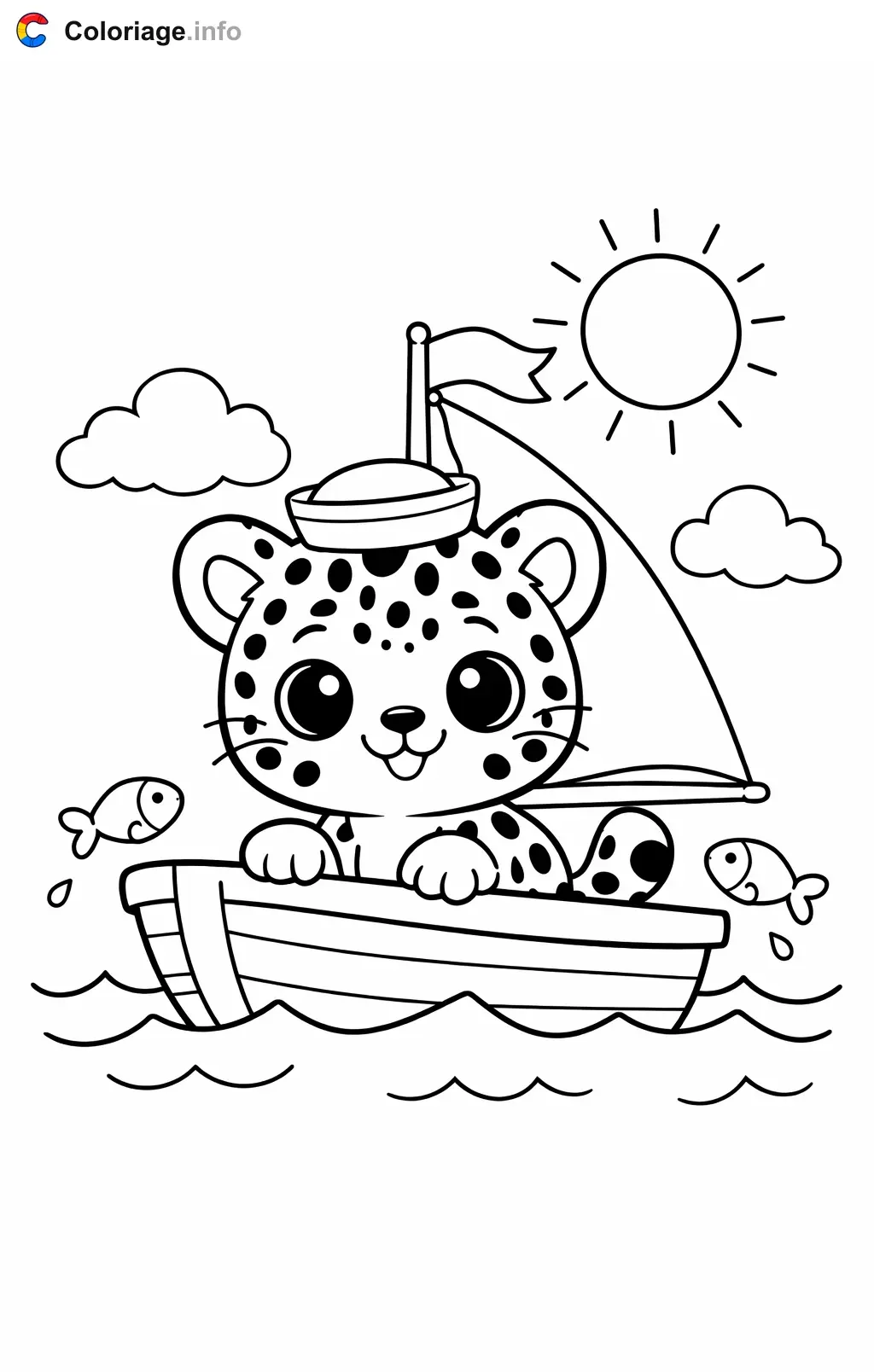 Coloriage Léopard qui navigue sur un petit bateau - Léopard à imprimer