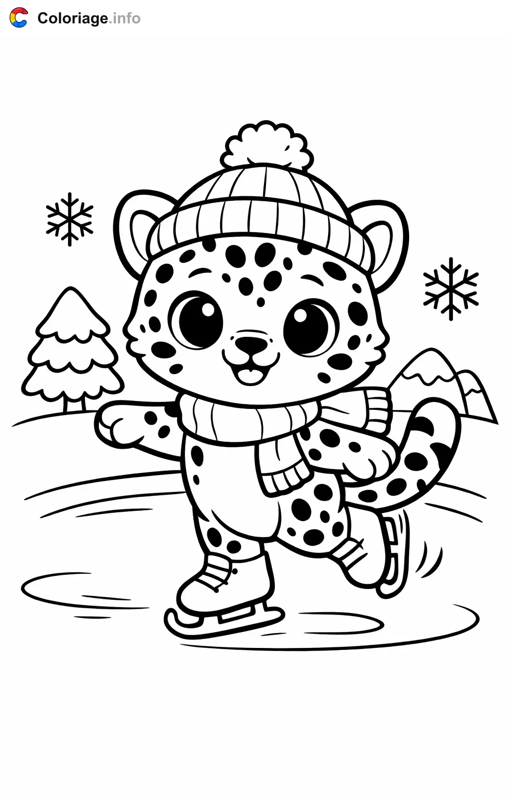 Coloriage Léopard qui patine sur la glace - Léopard à imprimer