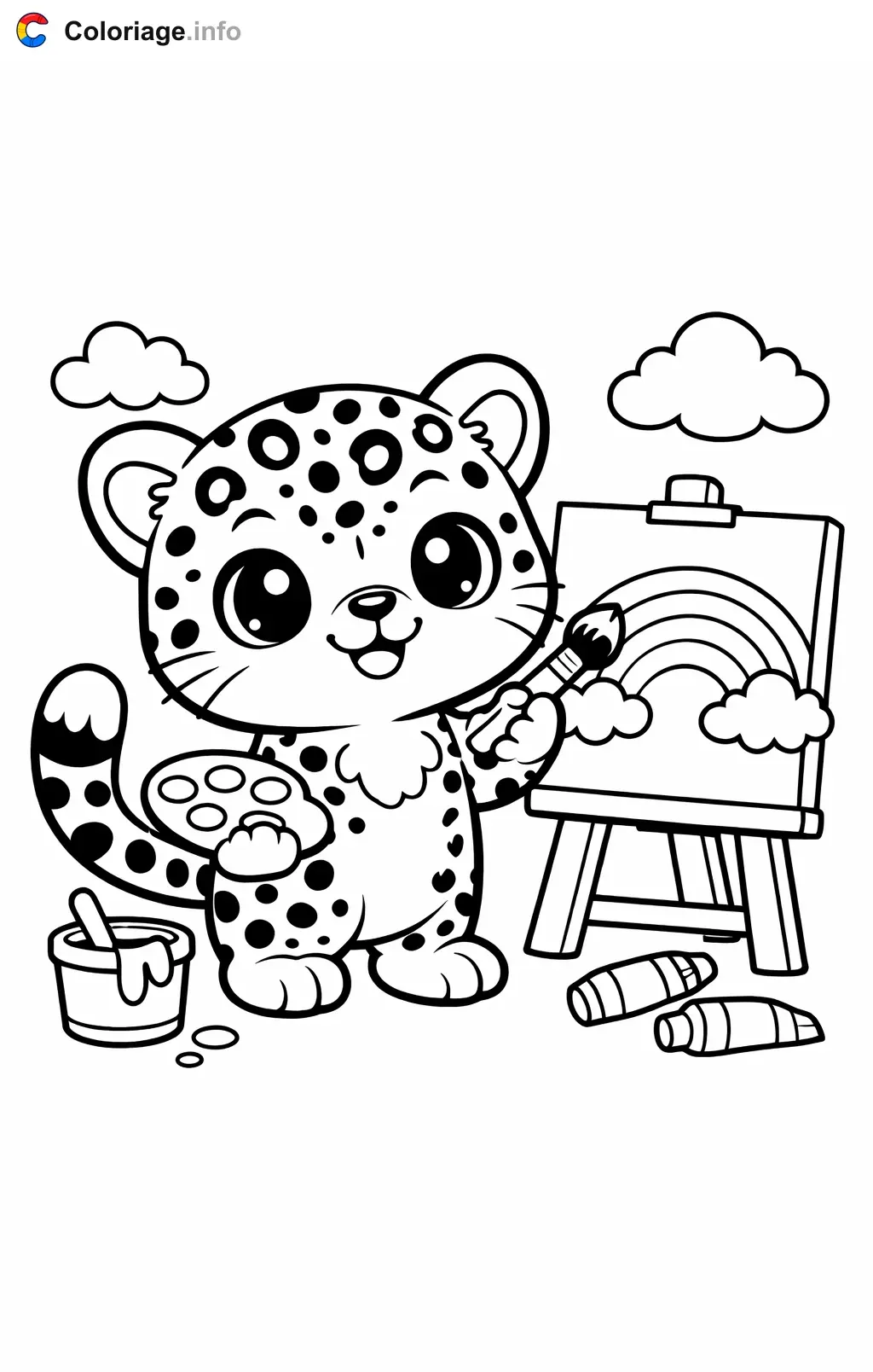 Coloriage Léopard qui peint un arc-en-ciel - Léopard à imprimer