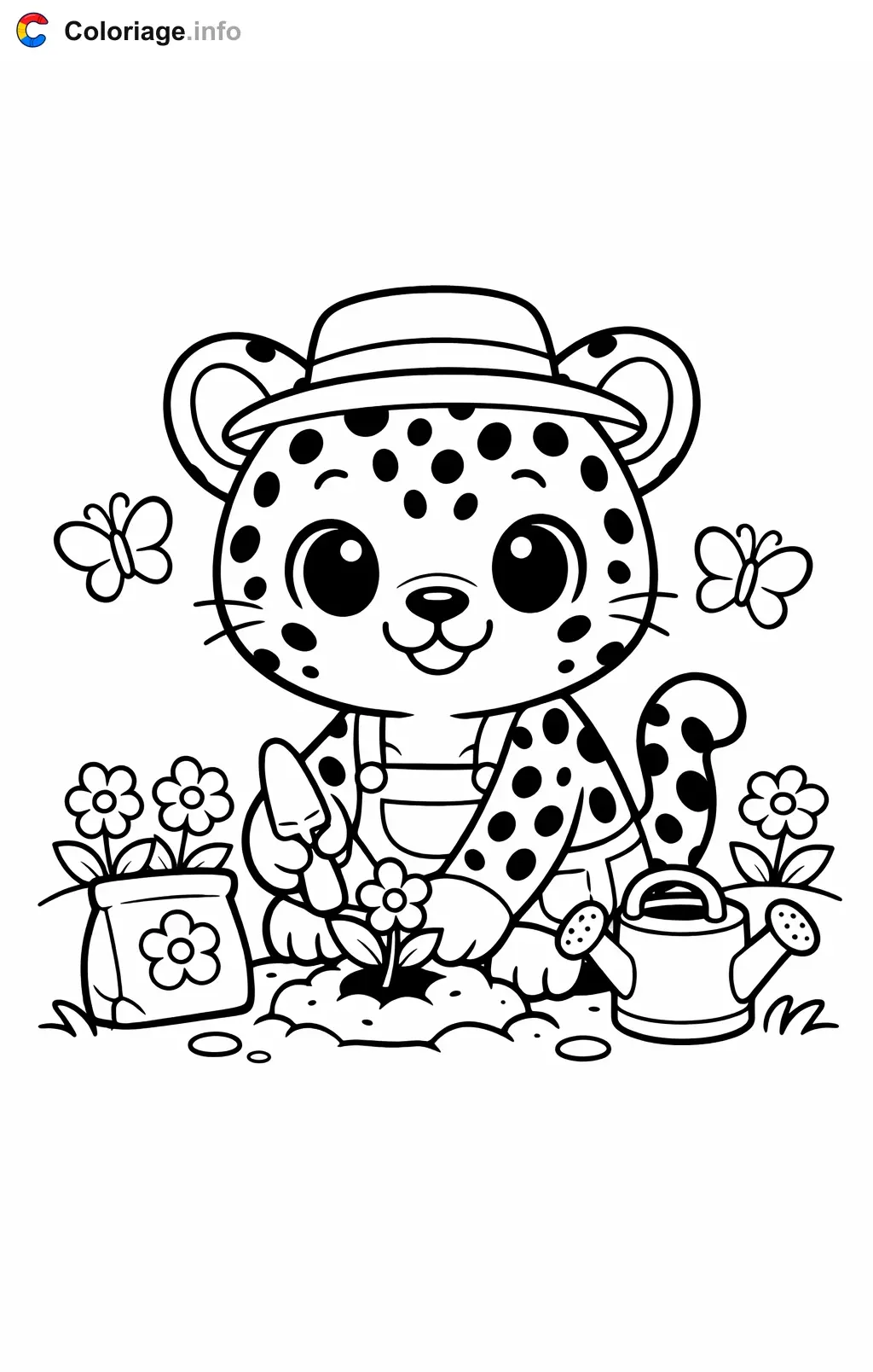 Coloriage Léopard qui plante des fleurs - Léopard à imprimer
