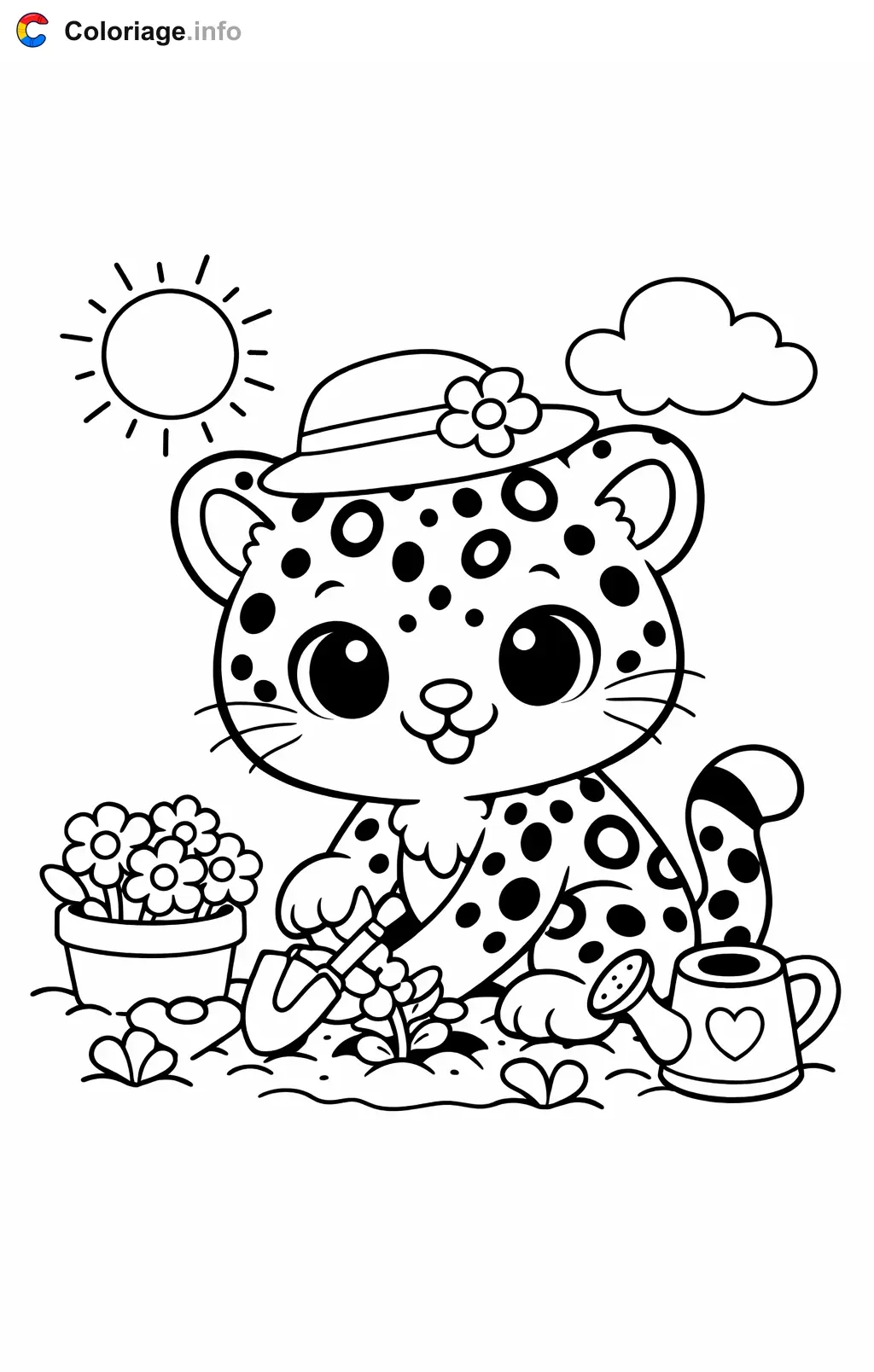 Coloriage Léopard qui plante des fleurs - Léopard à imprimer