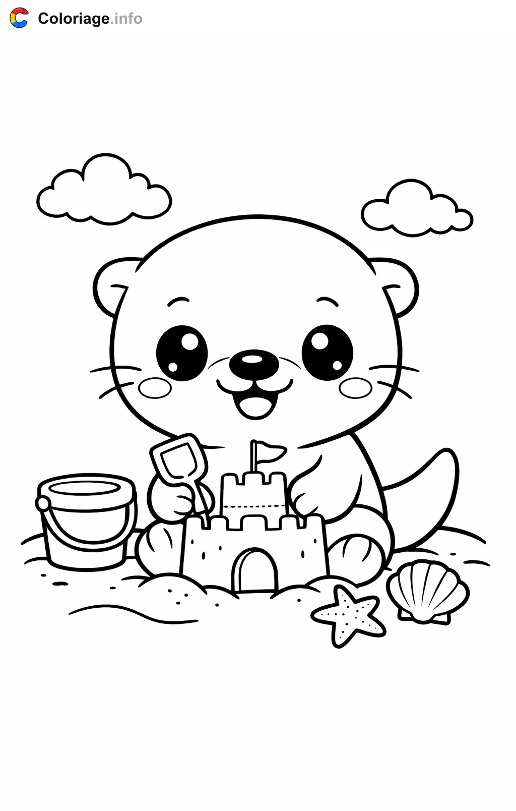 Coloriage Loutre qui construit un château de sable - Loutre à imprimer