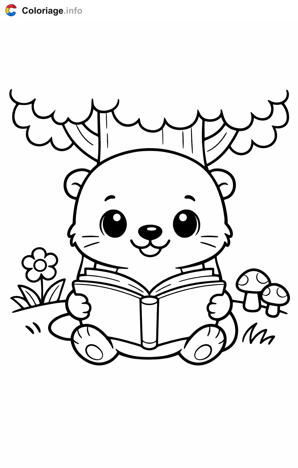Coloriage Loutre qui lit un livre sous l'arbre - Loutre à imprimer