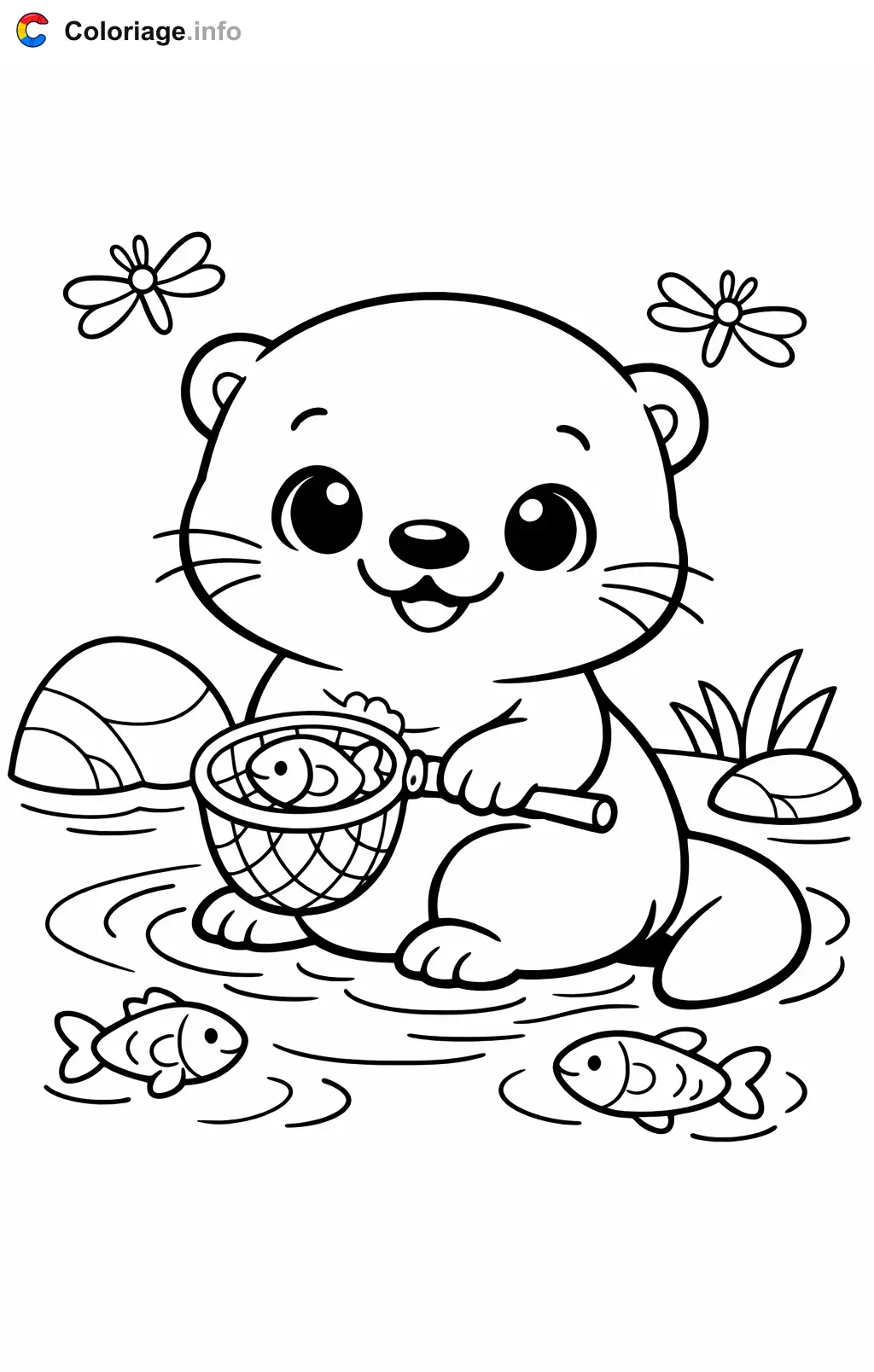 Coloriage Loutre qui pêche au filet - Loutre à imprimer