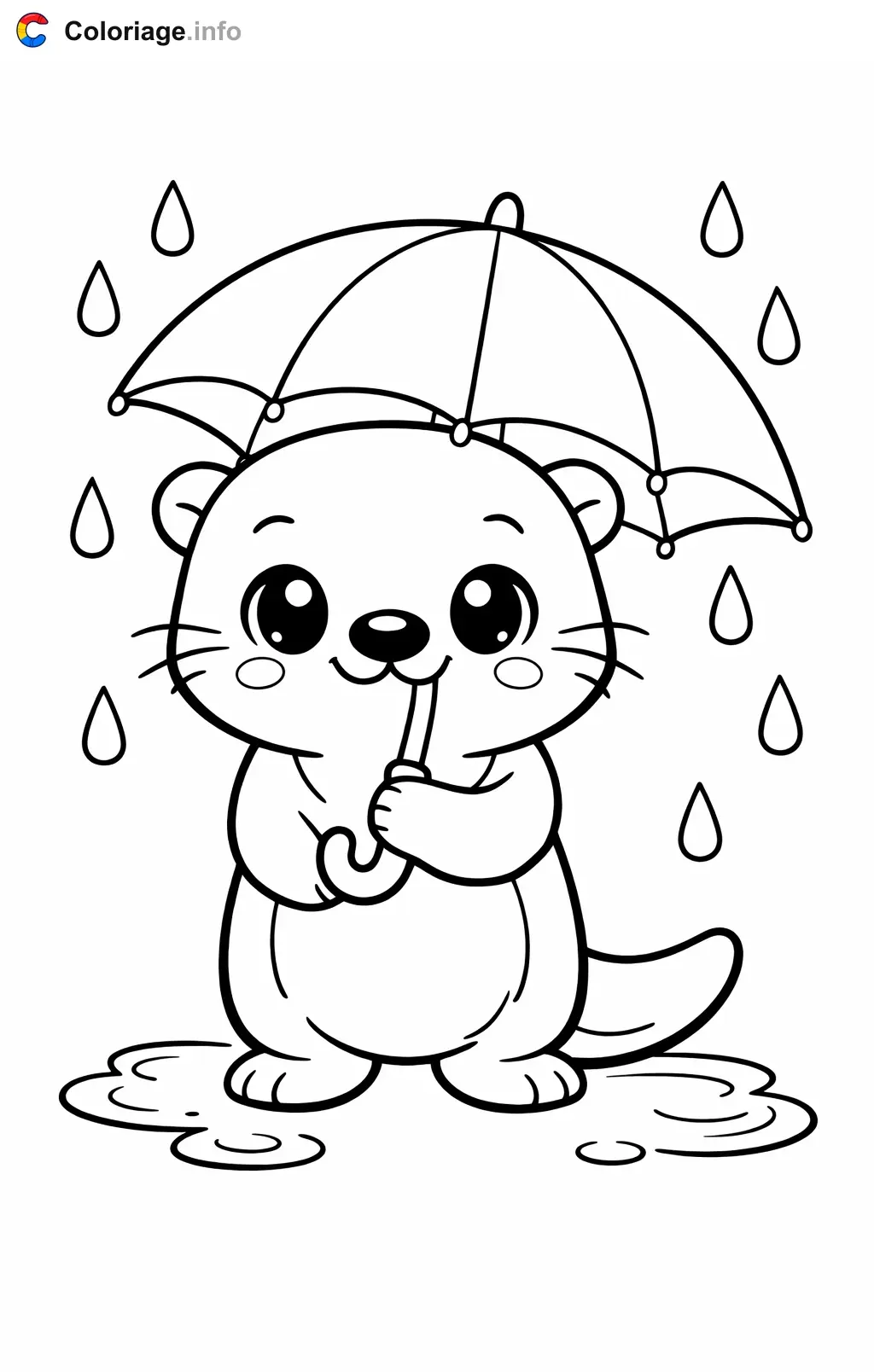 Coloriage Loutre sous la pluie avec un parapluie - Loutre à imprimer