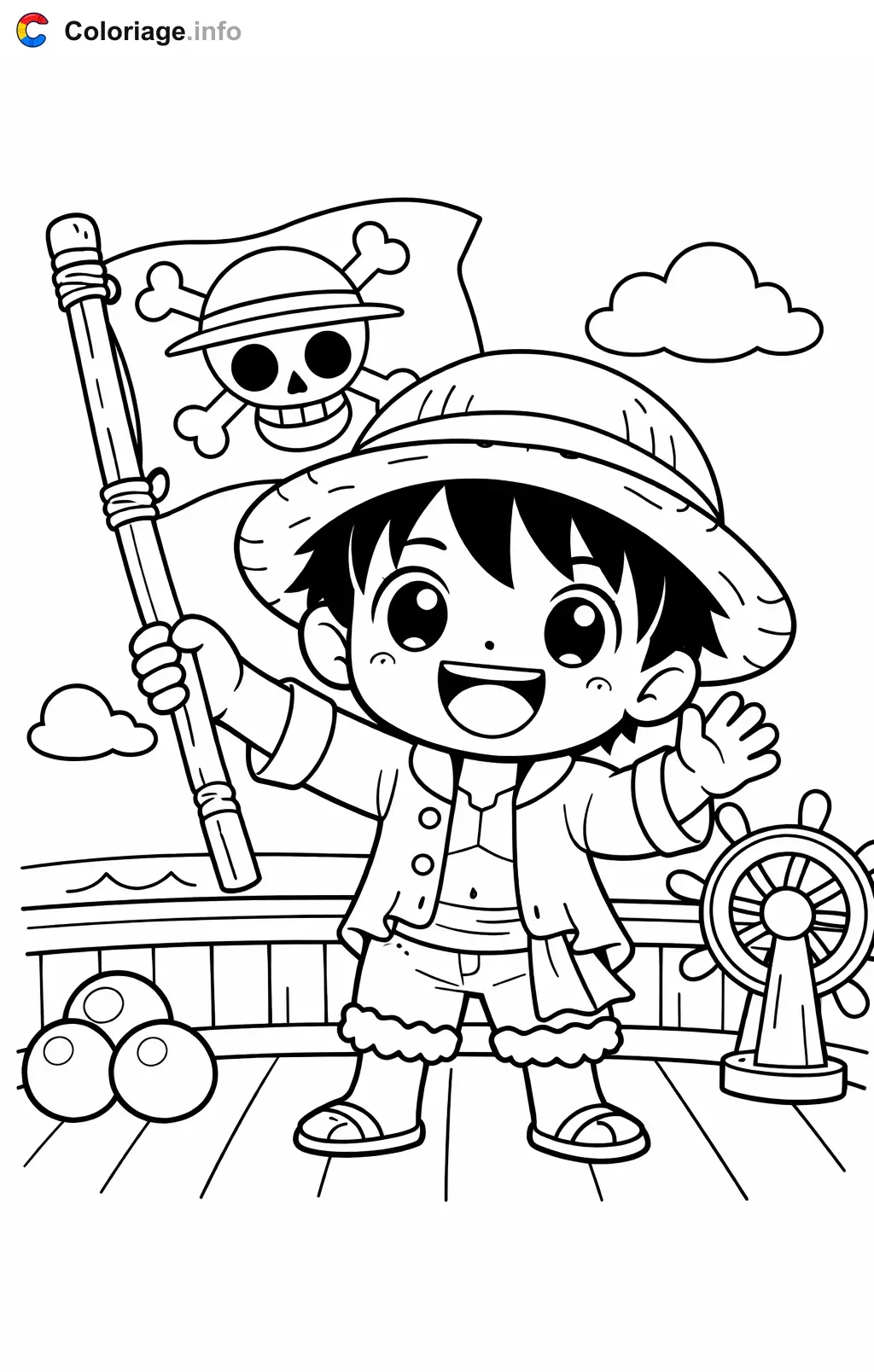 Coloriage Luffy qui agite un drapeau pirate - Luffy à imprimer