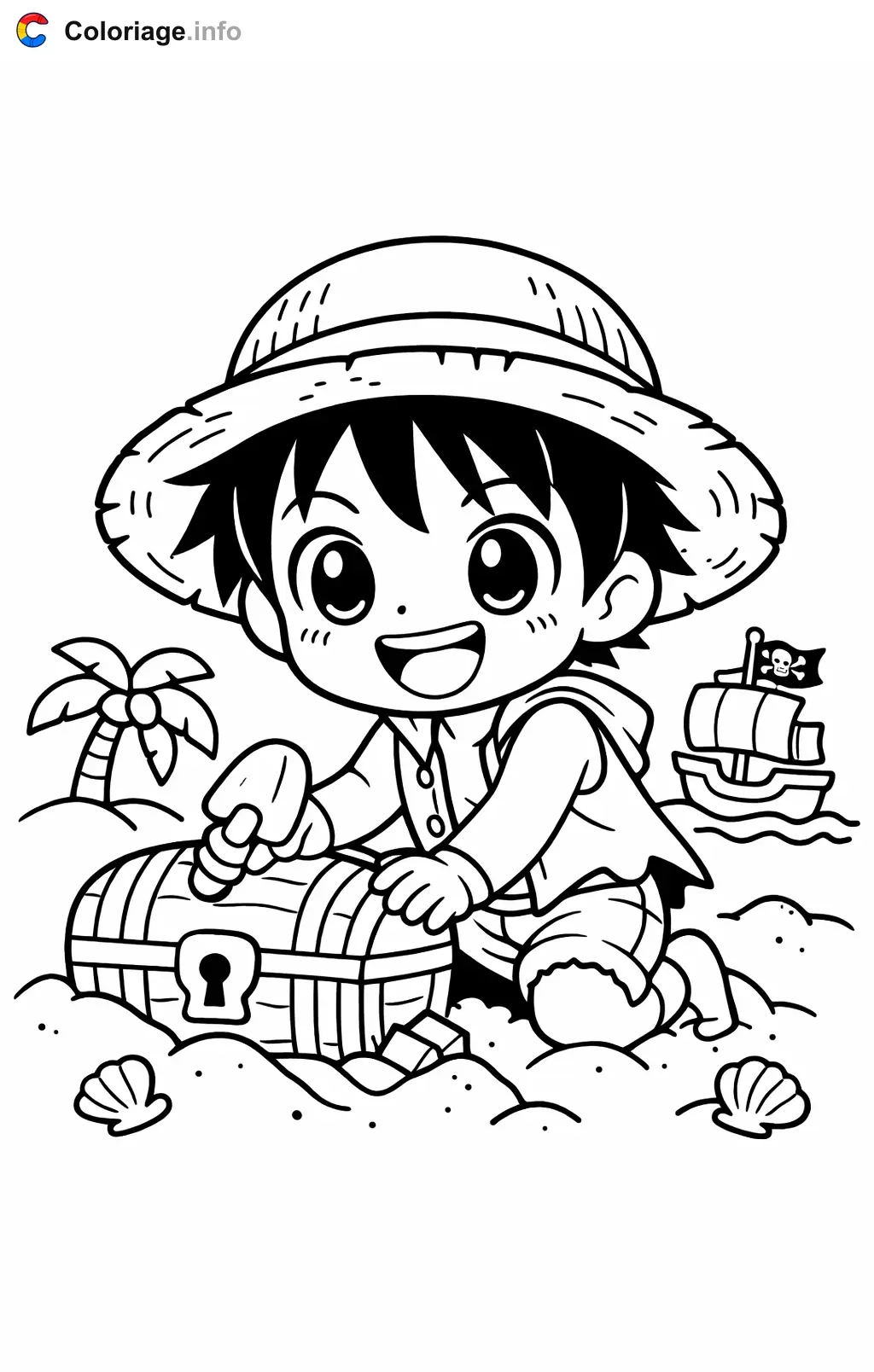 Coloriage Luffy qui creuse pour trouver un trésor - Luffy à imprimer