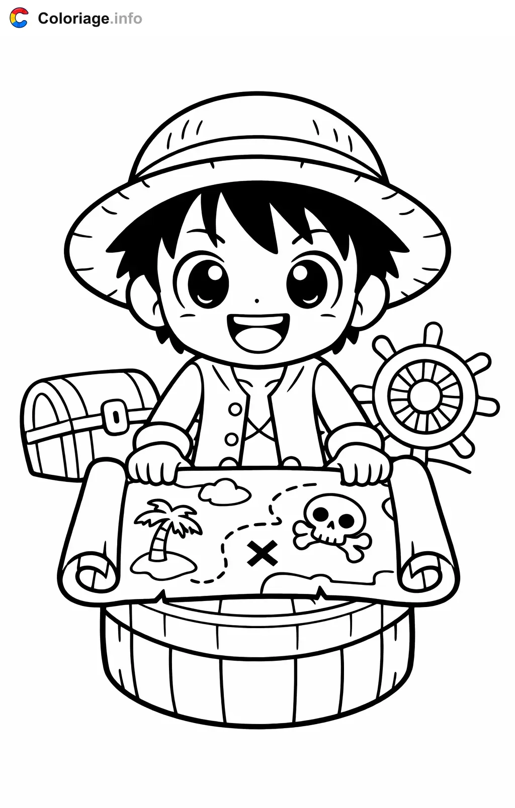 Coloriage Luffy qui déroule une carte au trésor - Luffy à imprimer