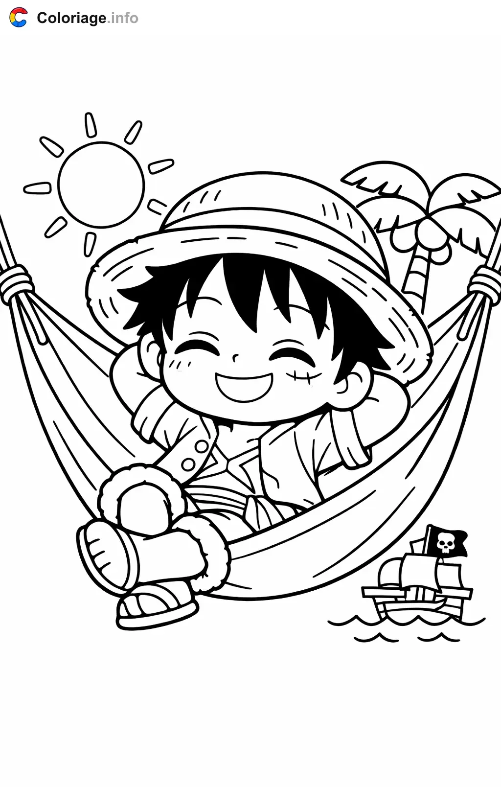 Coloriage Luffy qui fait la sieste dans un hamac - Luffy à imprimer