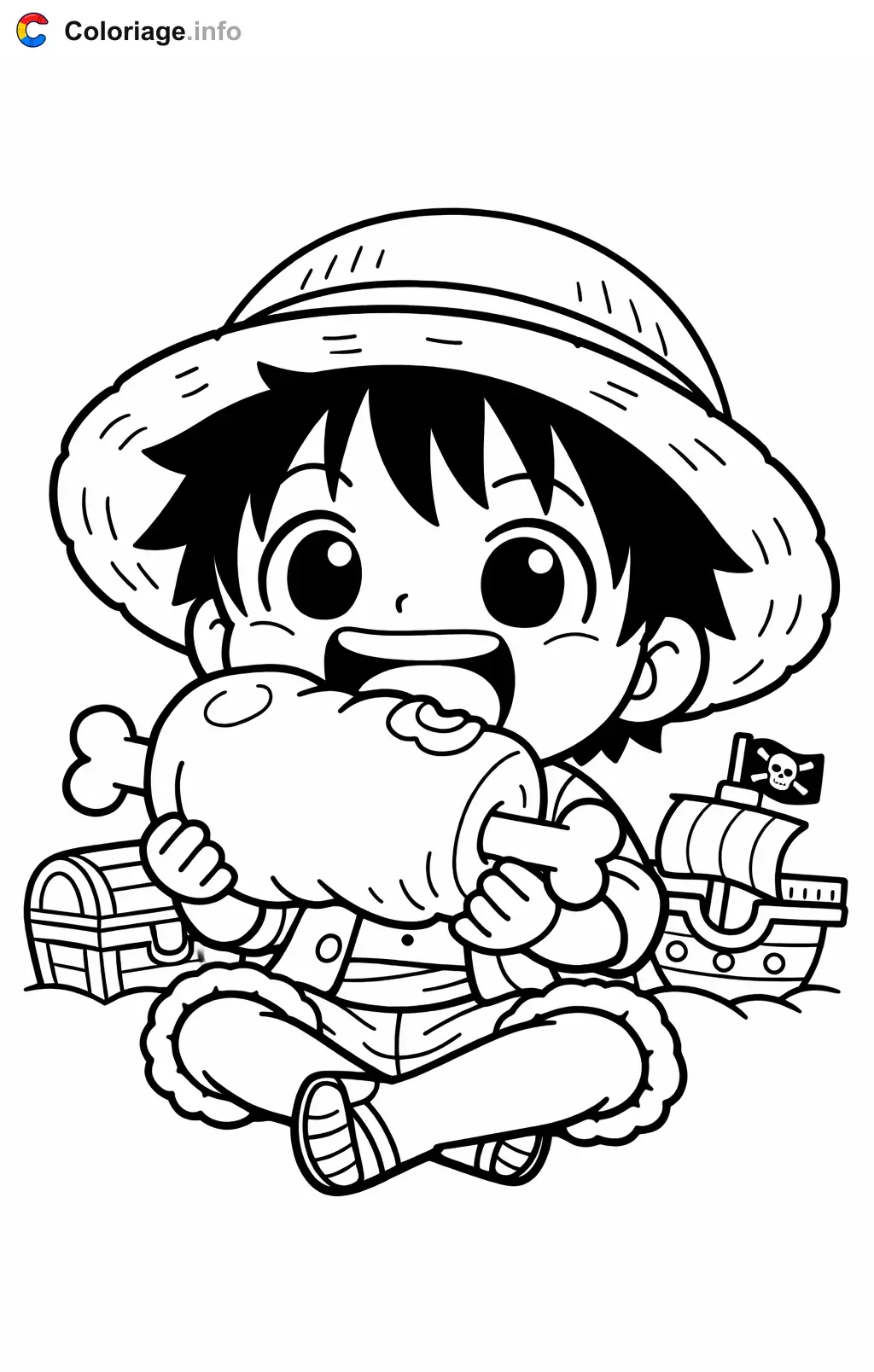 Coloriage Luffy qui mange un gros morceau de viande - Luffy à imprimer