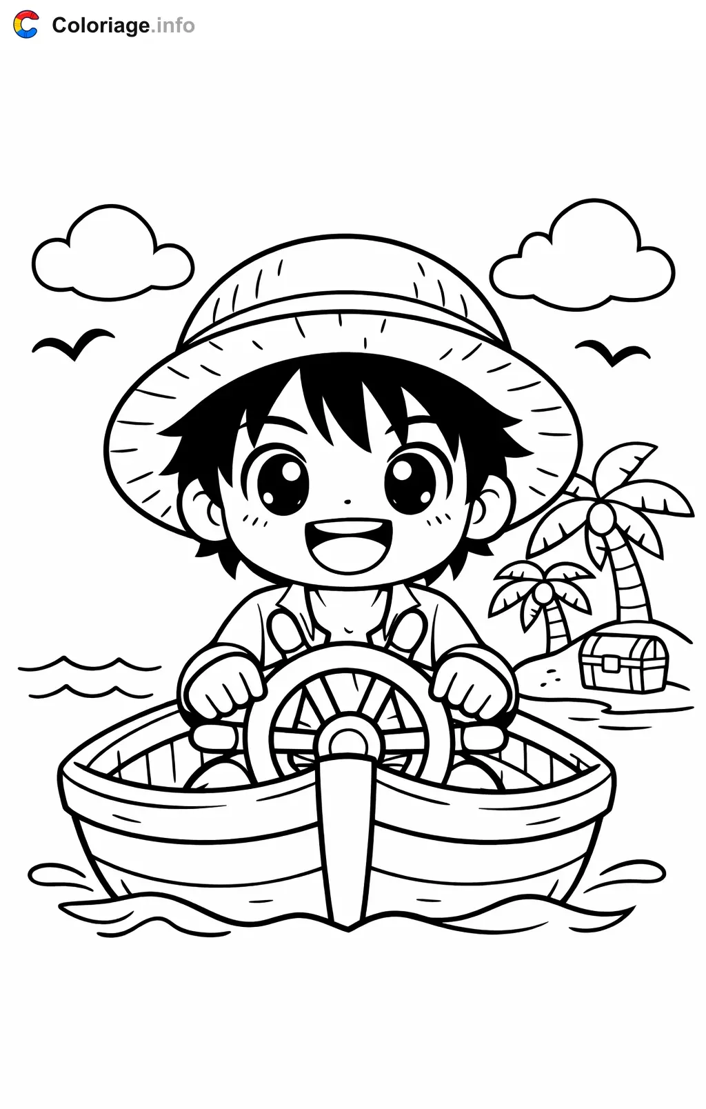 Coloriage Luffy qui rame vers une île tropicale - Luffy à imprimer