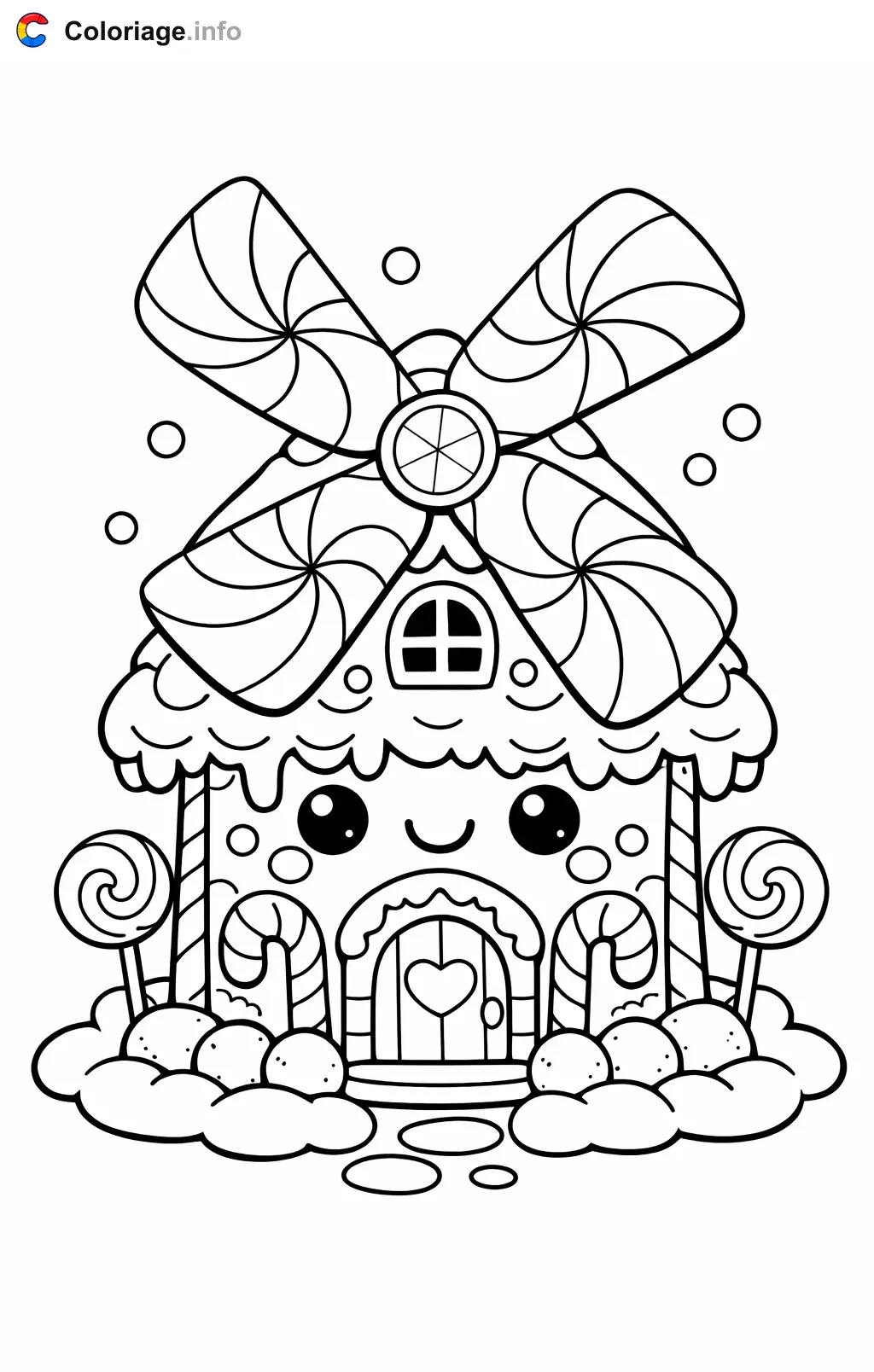 Coloriage Maison en pain d'épices en forme de moulin - Maison en pain d'épices à imprimer