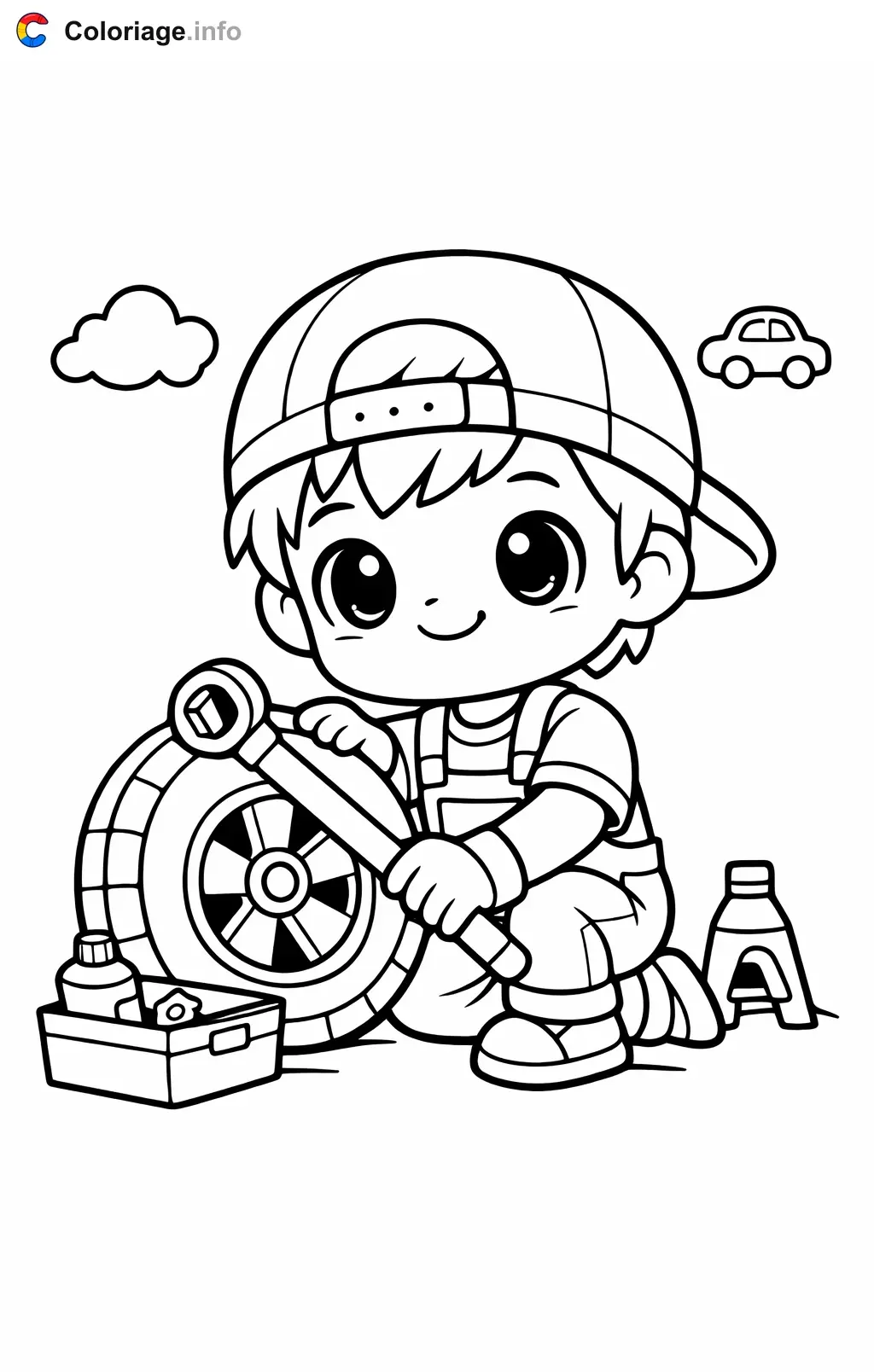 Coloriage Mécanicien qui change un pneu - Mécanicien à imprimer