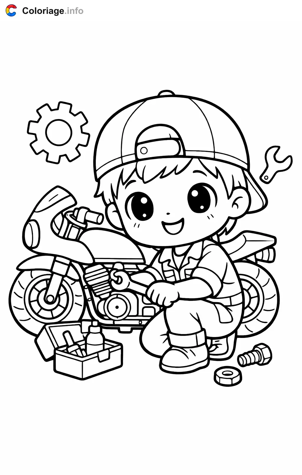 Coloriage Mécanicien qui répare une moto - Mécanicien à imprimer