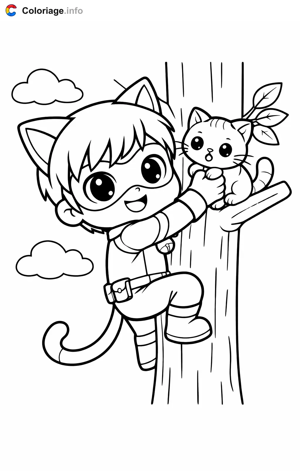 Coloriage Miraculous qui sauve un chat dans l'arbre - Miraculous à imprimer