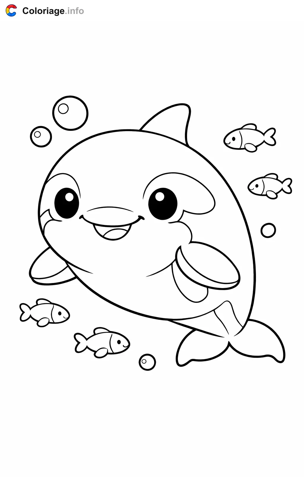Coloriage Orque qui nage avec les poissons - Orque à imprimer