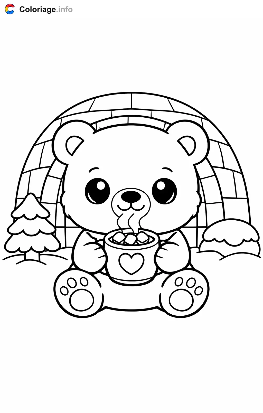 Coloriage Ours polaire qui boit un chocolat chaud - Ours polaire à imprimer