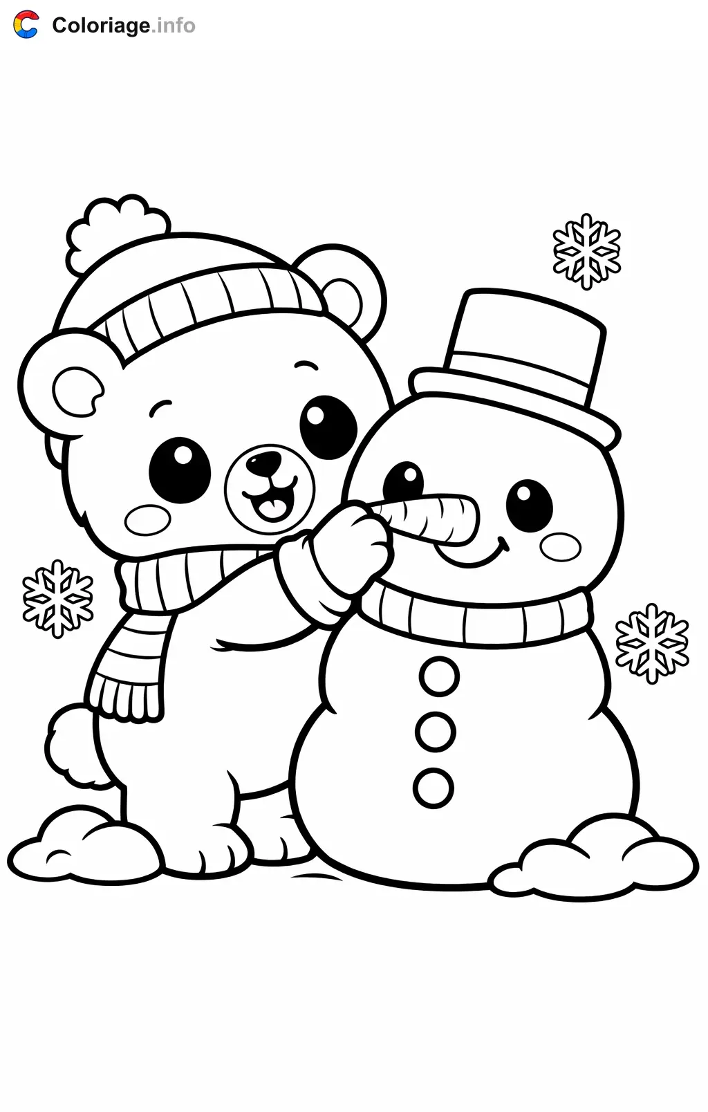 Coloriage Ours polaire qui construit un bonhomme de neige - Ours polaire à imprimer
