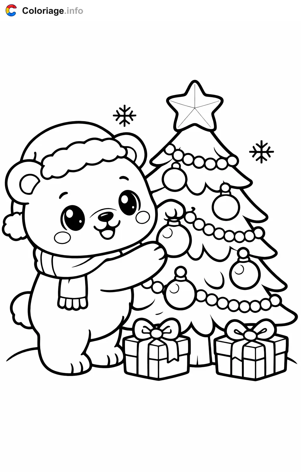 Coloriage Ours polaire qui décore le sapin de noël - Ours polaire à imprimer