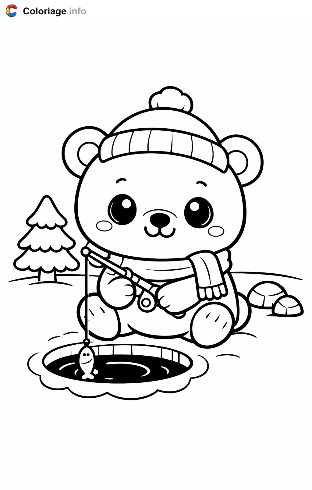 Coloriage Ours polaire qui pêche sur la glace - Ours polaire à imprimer