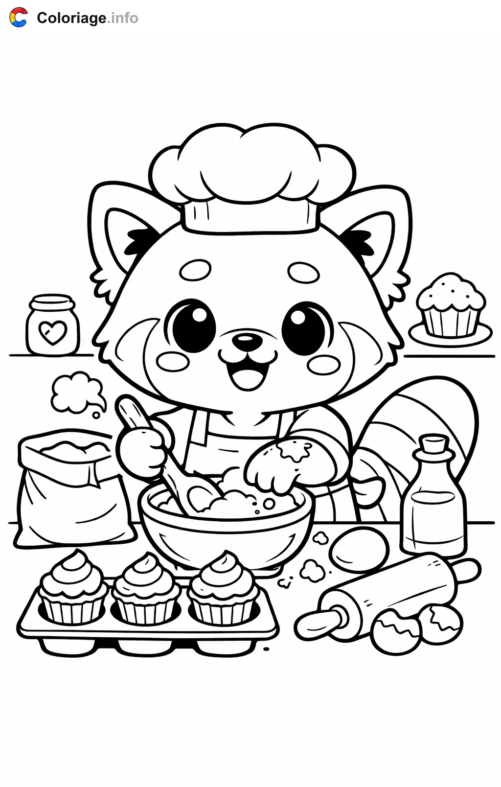 Coloriage Panda roux qui prepare des cupcakes - Panda roux à imprimer