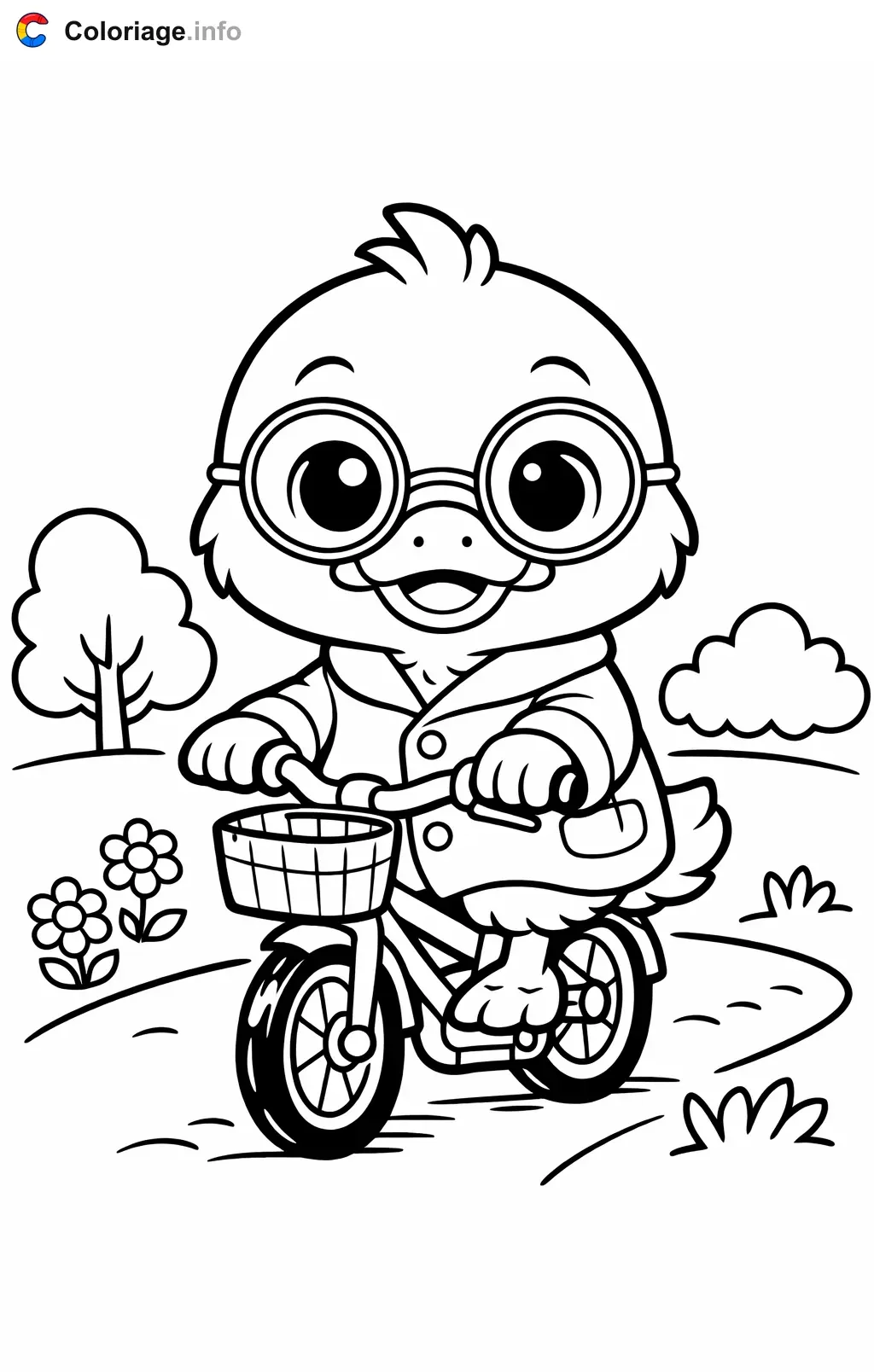 Ausmalbild Dagobert Duck fährt Fahrrad im Park zum Ausdrucken