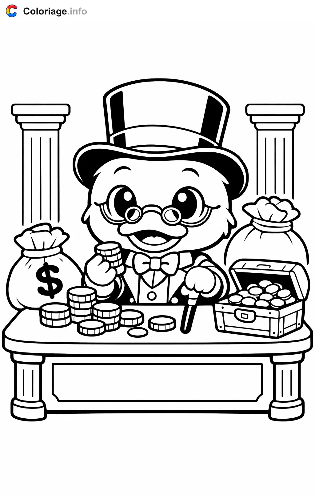Ausmalbild Dagobert Duck zählt seine Goldmünzen zum Ausdrucken