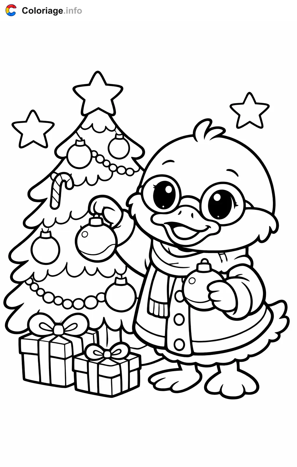 Ausmalbild Picsou schmückt den Weihnachtsbaum zum Ausdrucken
