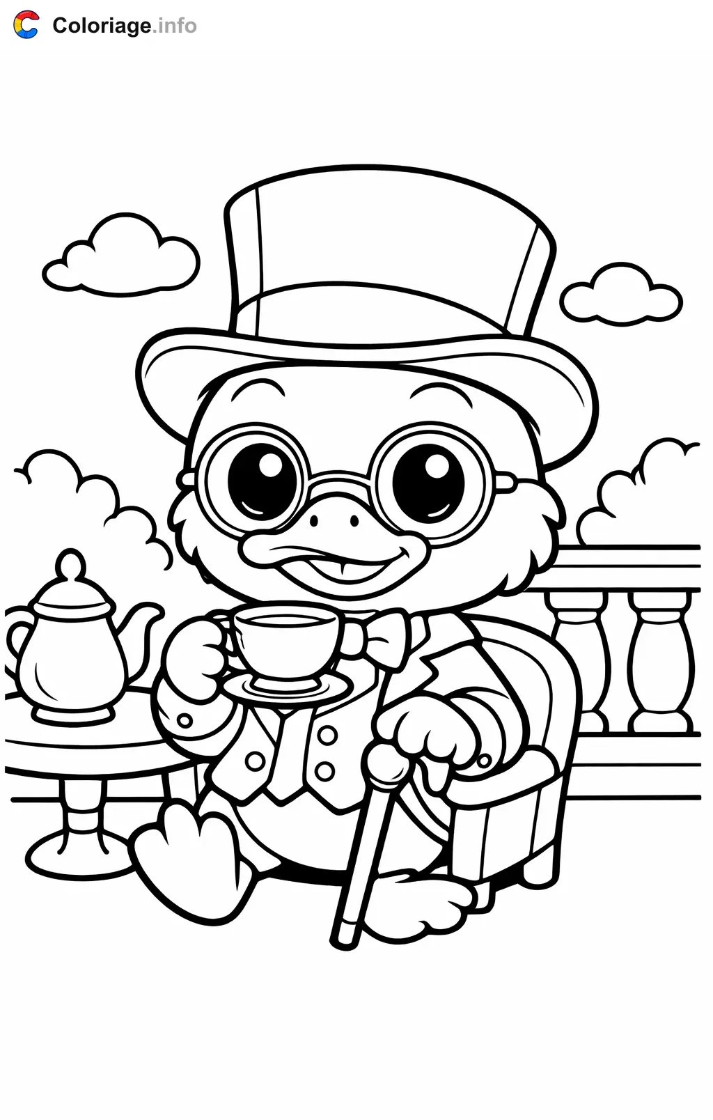 Ausmalbild Picsou beim Tee trinken im Garten zum Ausdrucken