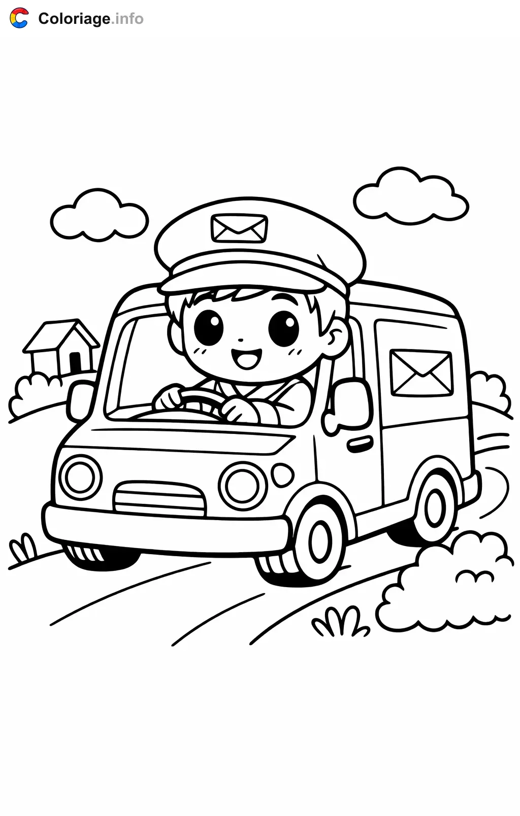 Ausmalbild Postbote in seinem gelben Lastwagen zum Ausdrucken