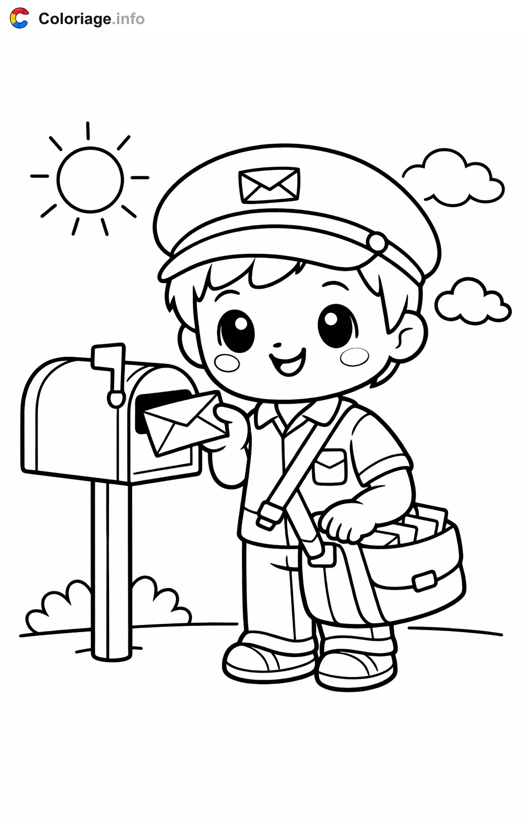 Ausmalbild Postbote vor dem Briefkasten zum Ausdrucken