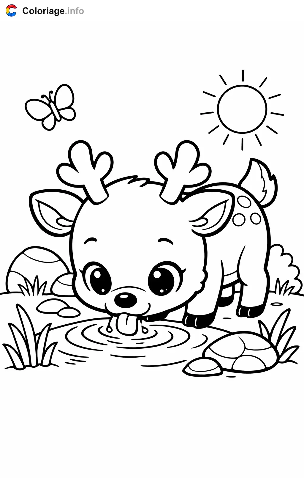 Coloriage Renne qui boit au ruisseau - Renne à imprimer