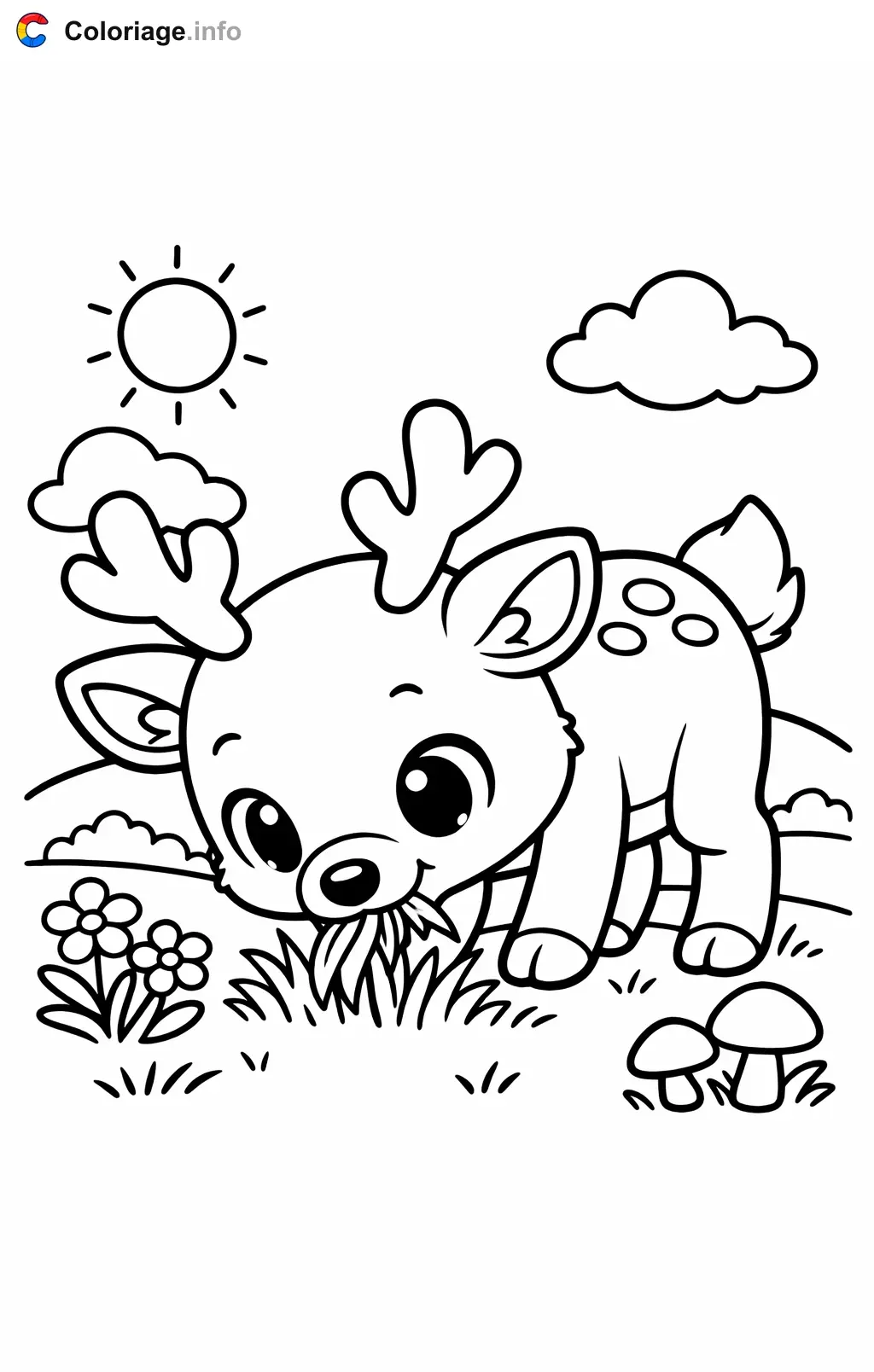 Coloriage Renne qui broute dans la prairie - Renne à imprimer