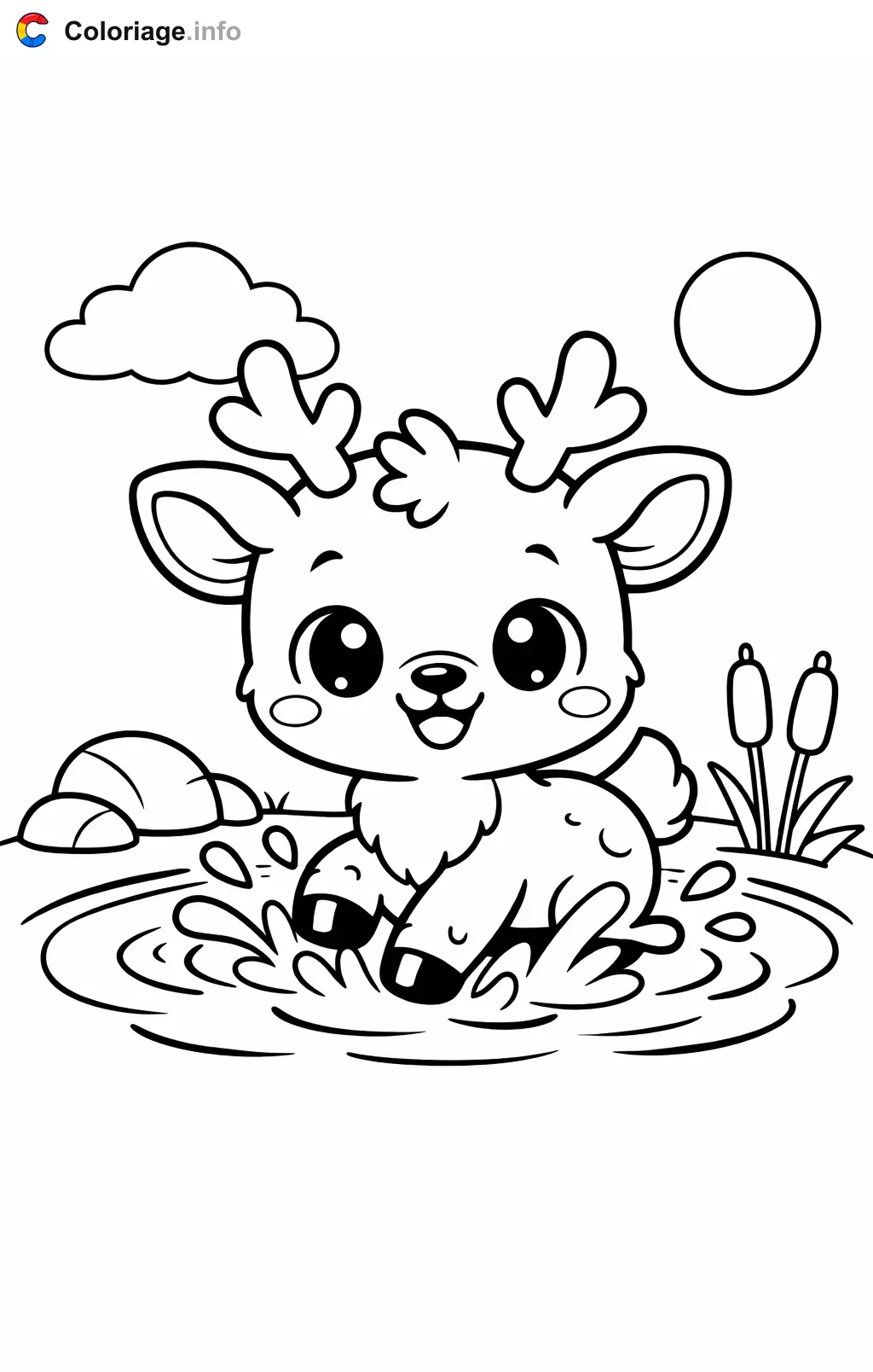 Coloriage Renne qui joue dans la mare - Renne à imprimer
