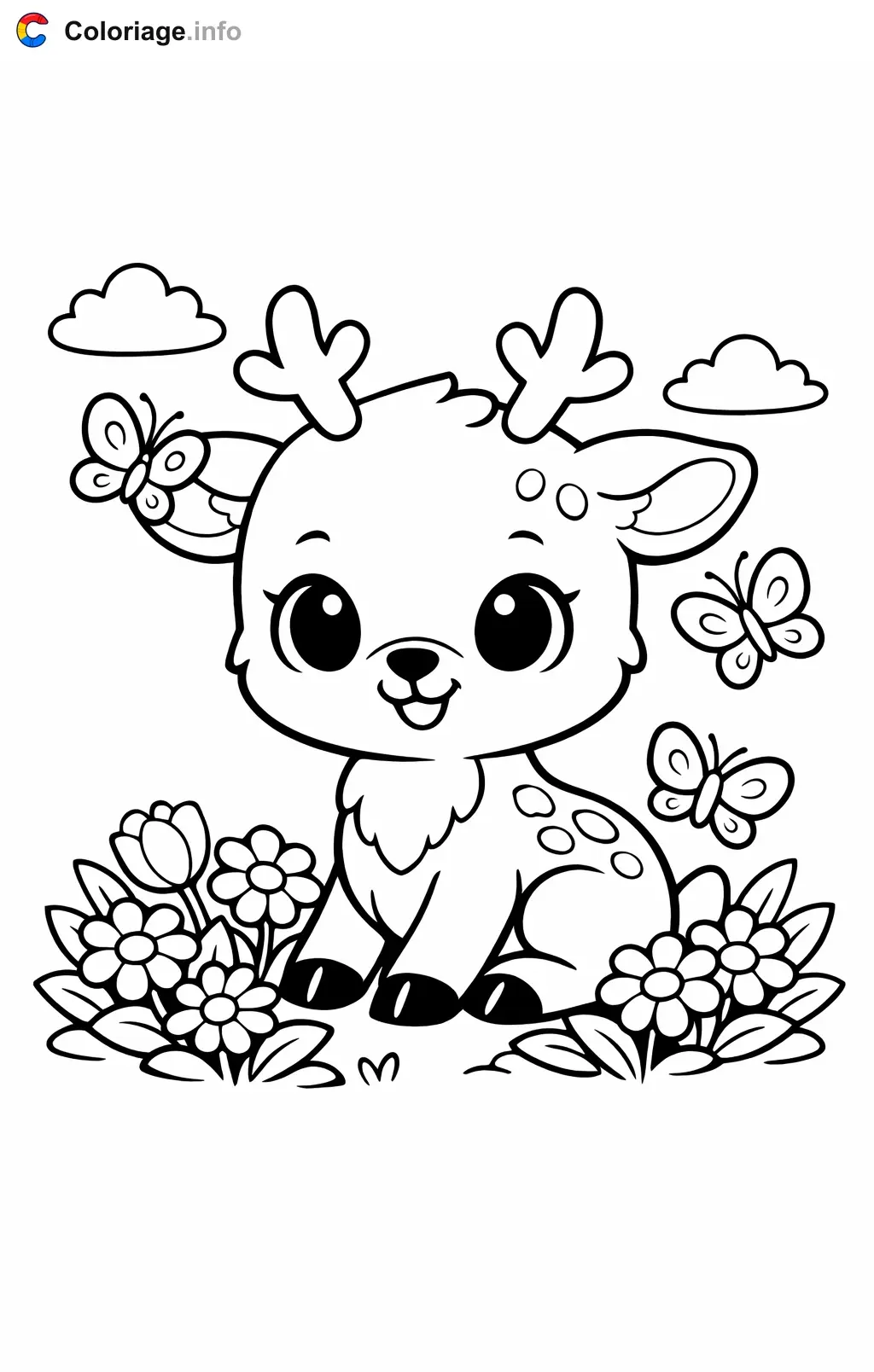 Coloriage Renne qui observe les papillons - Renne à imprimer