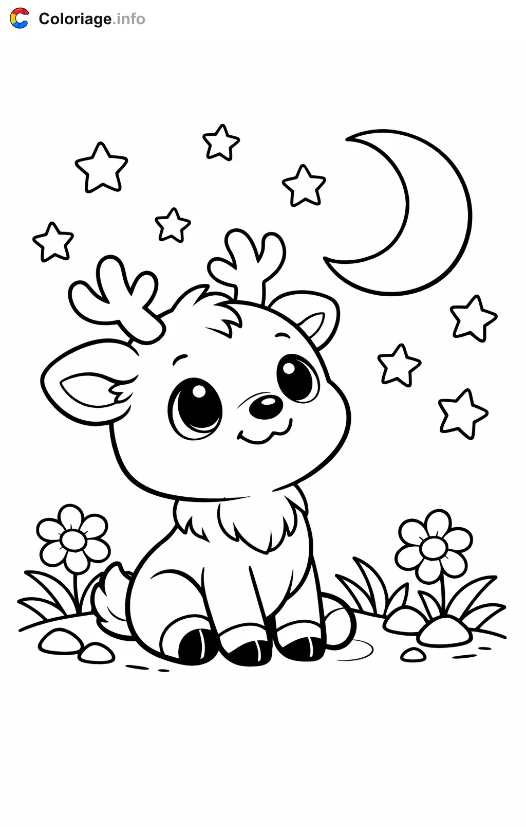 Coloriage Renne qui regarde la lune étoilée - Renne à imprimer