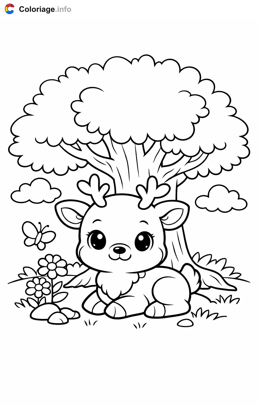 Coloriage Renne qui se repose sous un arbre - Renne à imprimer