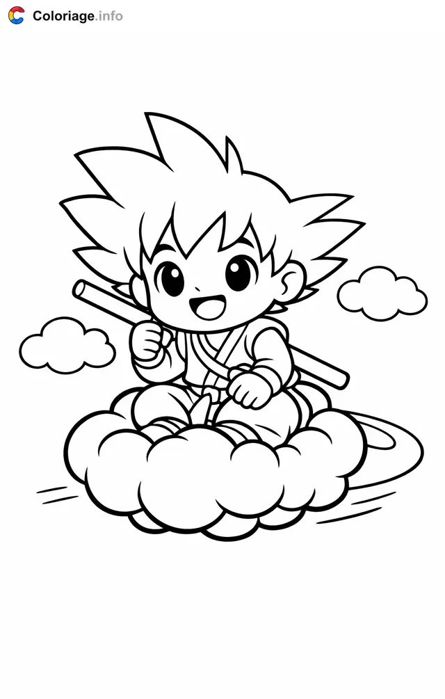 Coloriage Sangoku qui vole sur un nuage - Sangoku à imprimer