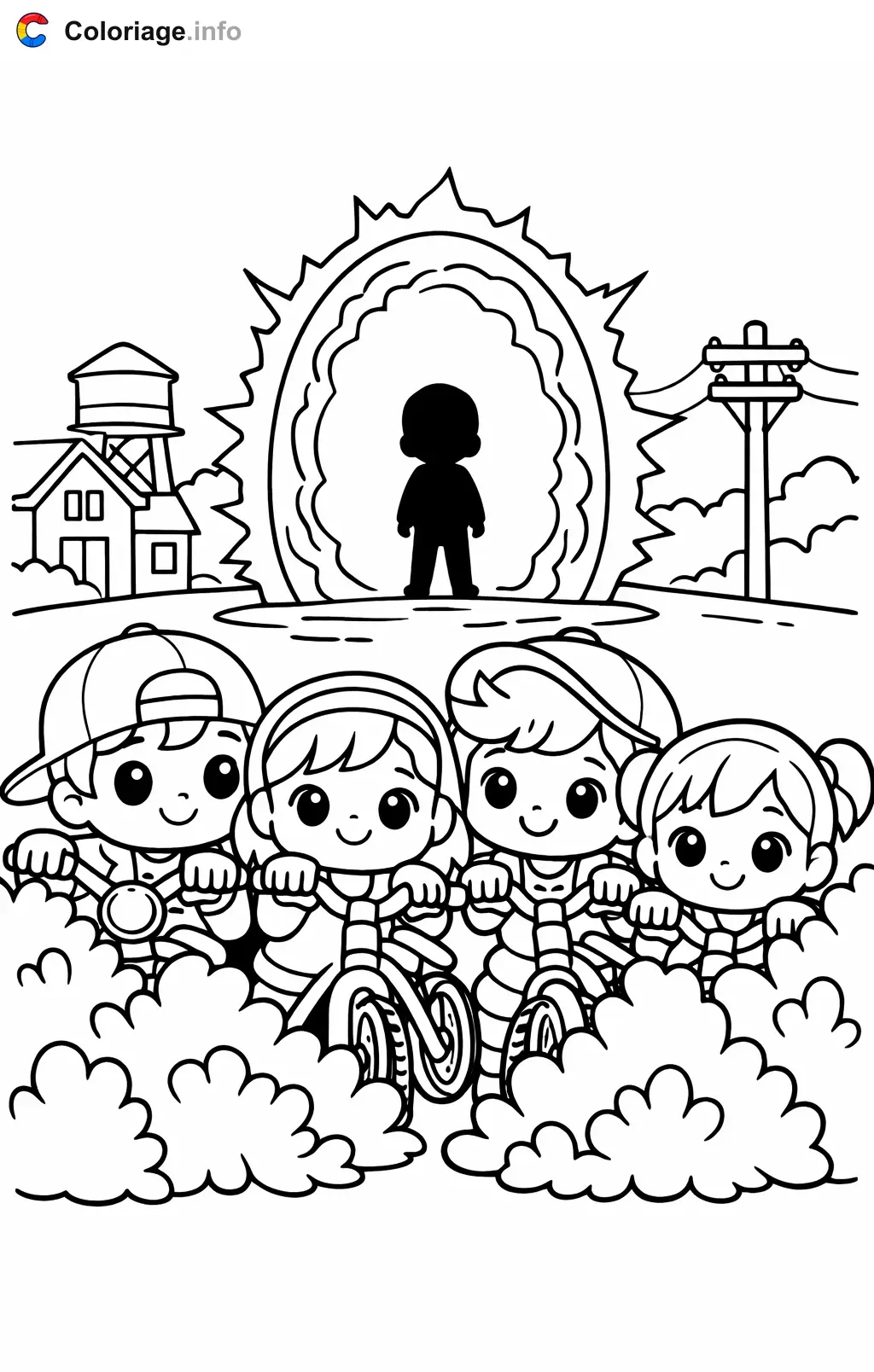 Ausmalbild Stranger Things – Spionieren hinter den Büschen zum Ausdrucken
