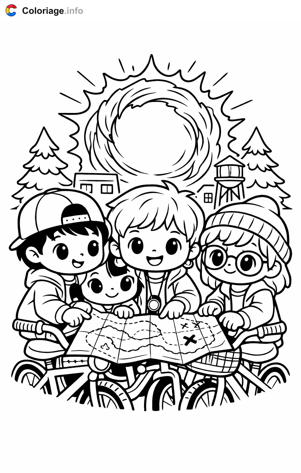 Ausmalbild Stranger Things Charaktere studieren eine alte Karte zum Ausdrucken