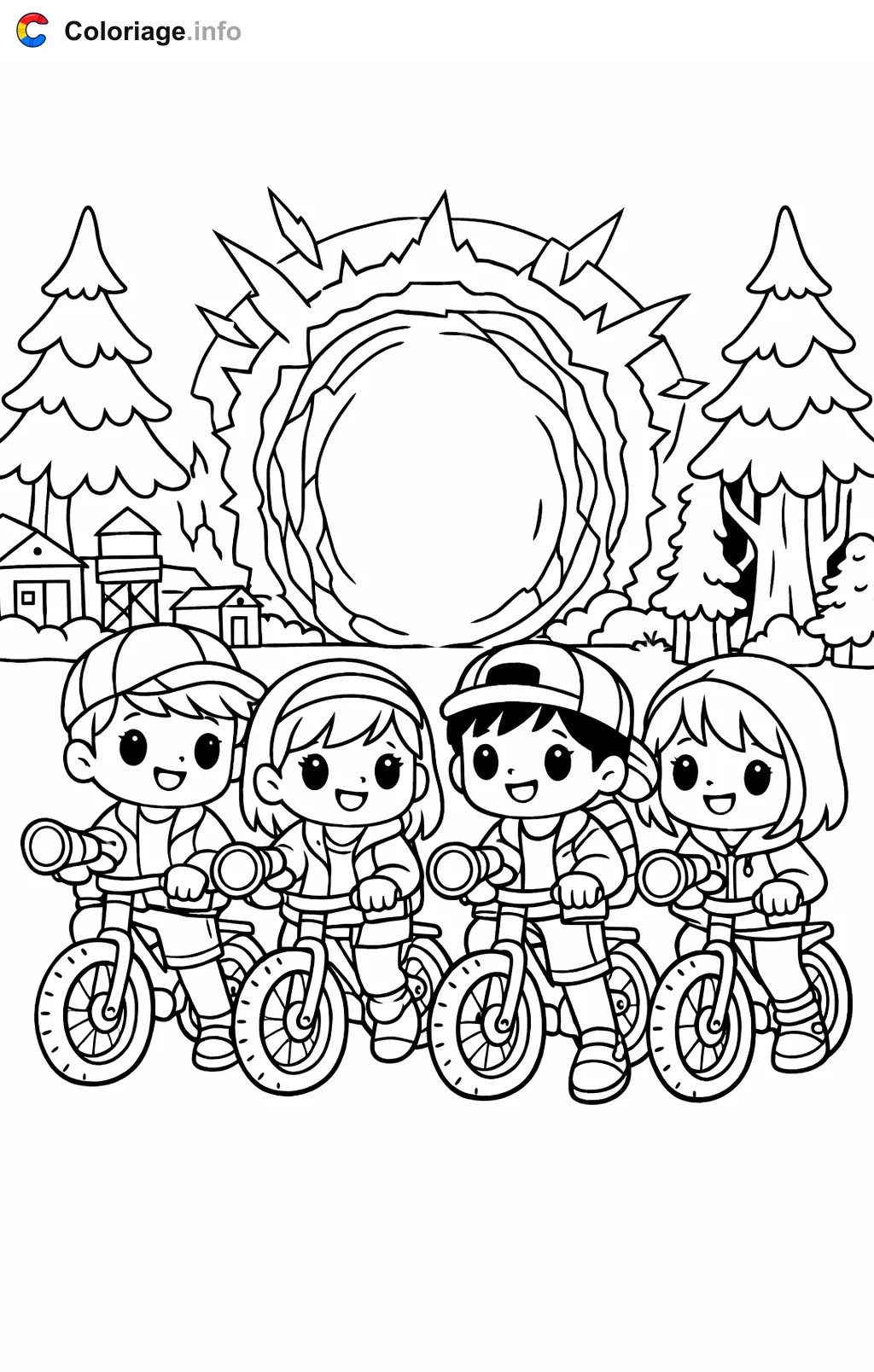 Ausmalbild Stranger Things erkunden den dunklen Wald zum Ausdrucken